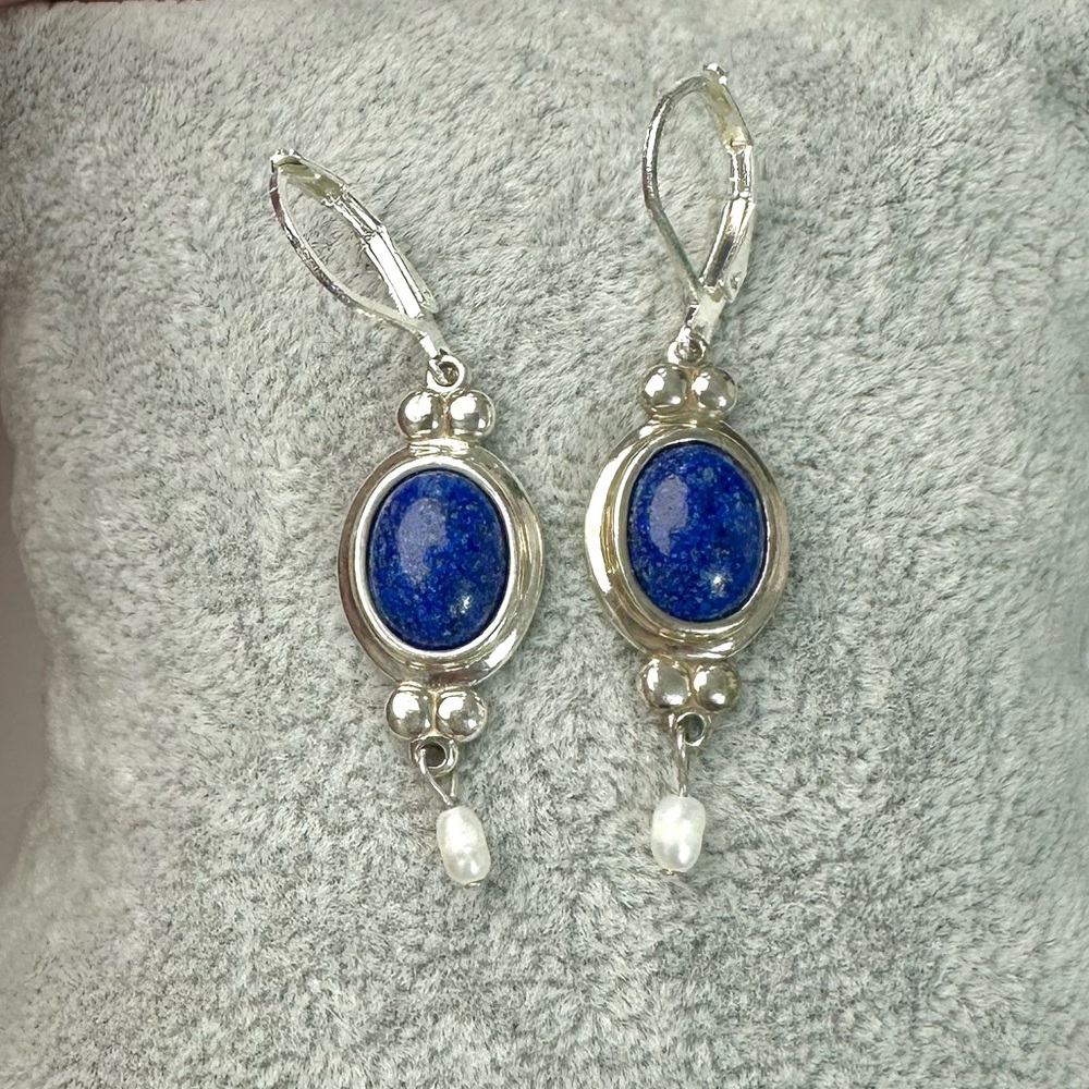 💙Vintage Lapis Sterling Silver Drop Earrings - Picture 2 of 8